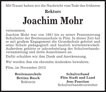 Traueranzeige von Joachim Mohr von Kieler Nachrichten / Segeberger Zeitung