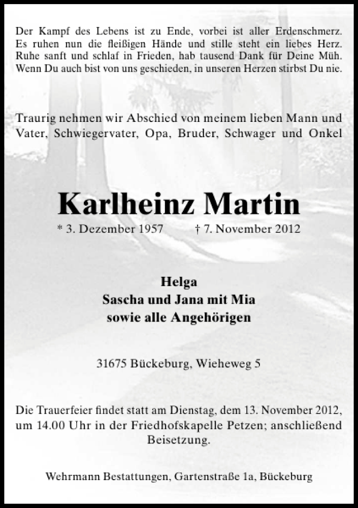 Traueranzeigen von Karlheinz Martin traueranzeigen.de