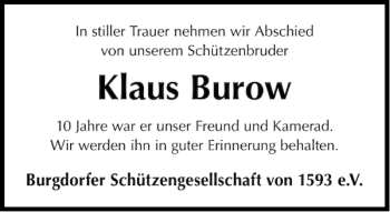 Traueranzeige von Klaus Burow von HAZ/NP