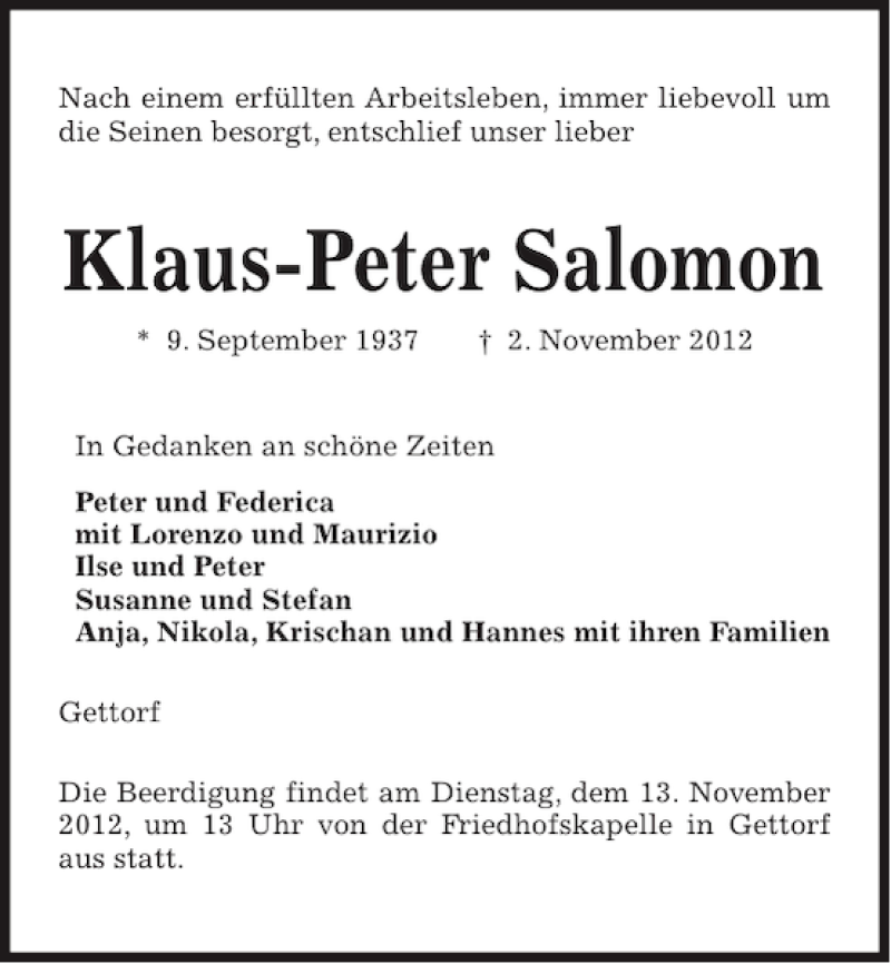  Traueranzeige für Klaus-Peter Salomon vom 07.11.2012 aus Kieler Nachrichten / Segeberger Zeitung