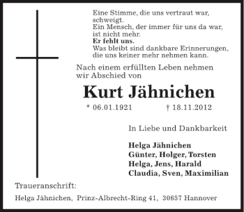 Traueranzeige von Kurt Jähnichen von HAZ/NP