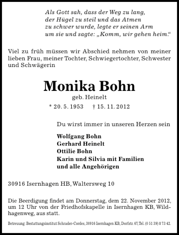  Traueranzeige für Monika Bohn vom 20.11.2012 aus HAZ/NP
