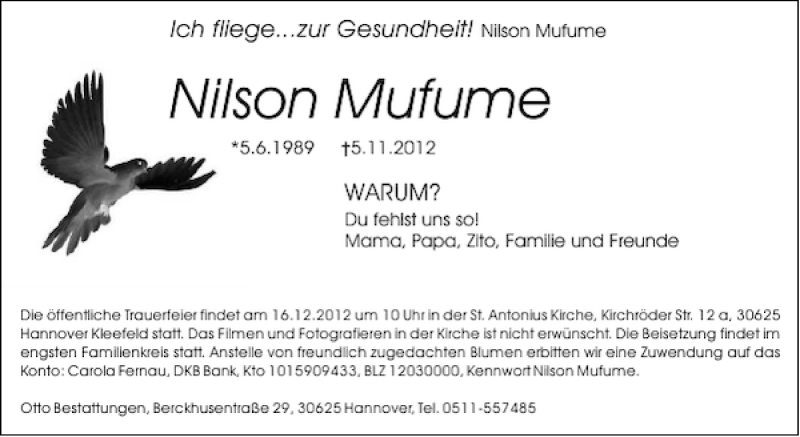  Traueranzeige für Nilson Mufume vom 10.11.2012 aus HAZ/NP
