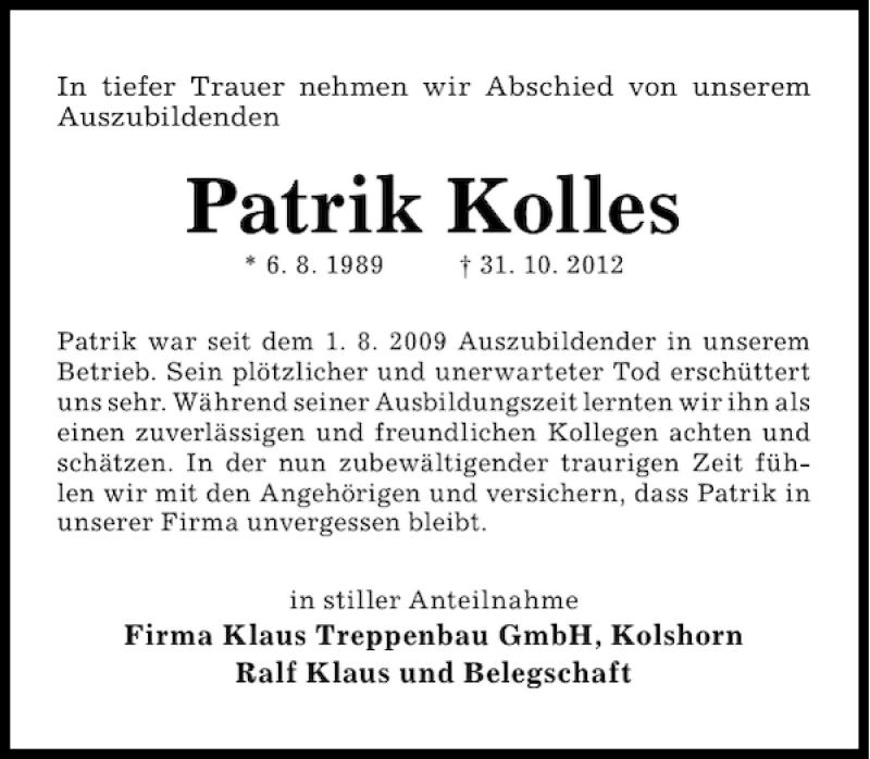  Traueranzeige für Patrik Kolles vom 07.11.2012 aus HAZ/NP