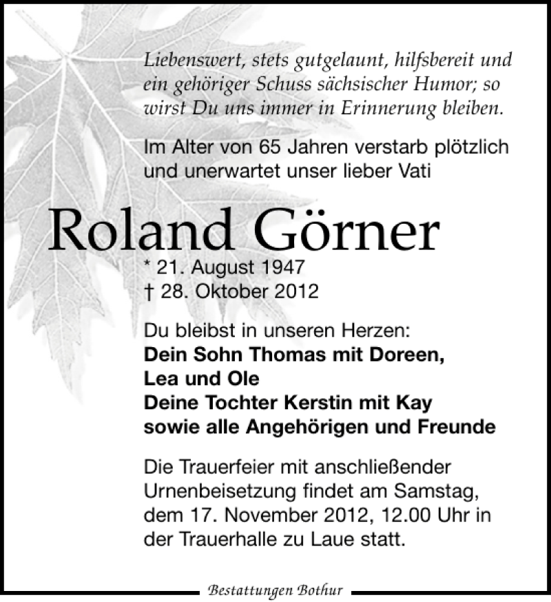  Traueranzeige für Roland Görner vom 10.11.2012 aus Leipziger Volkszeitung