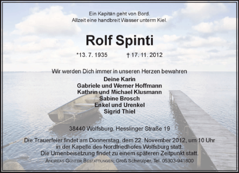  Traueranzeige für Rolf Spinti vom 20.11.2012 aus Aller Zeitung / Wolfsburger Allgemeine