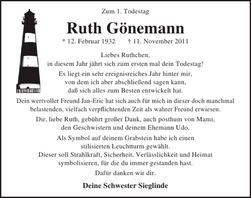  Traueranzeige für Ruth Gönemann vom 11.11.2012 aus Lübecker Nachrichten
