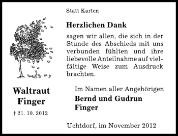 Traueranzeige von Waltraut Finger von Schaumburger Nachrichten