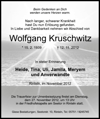 Traueranzeige von Wolfgang Kruschwitz von Schaumburger Nachrichten