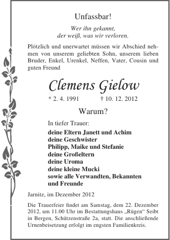  Traueranzeige für Clemens Gielow vom 15.12.2012 aus Ostsee-Zeitung