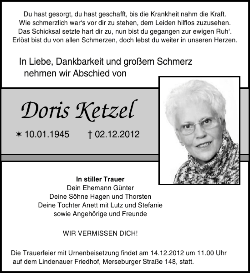  Traueranzeige für Doris Ketzel vom 08.12.2012 aus Leipziger Volkszeitung