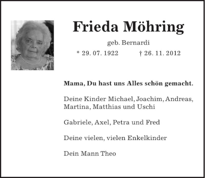  Traueranzeige für Frieda Möhring vom 01.12.2012 aus HAZ/NP