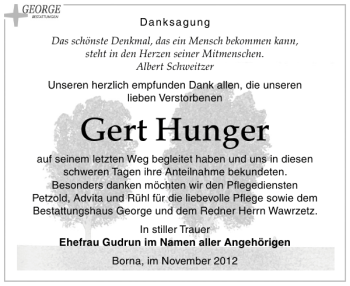 Traueranzeige von Gert Hunger von Leipziger Volkszeitung
