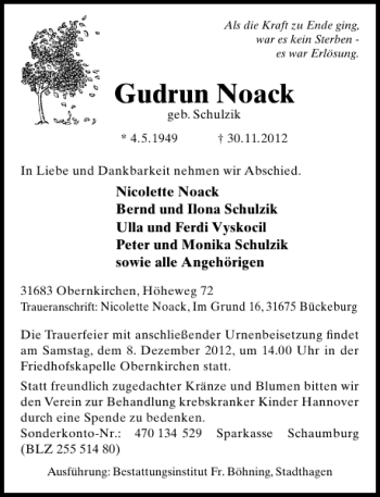 Traueranzeige von Gudrun Noack von Schaumburger Nachrichten