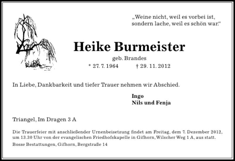  Traueranzeige für Heike Burmeister vom 01.12.2012 aus Aller Zeitung / Wolfsburger Allgemeine