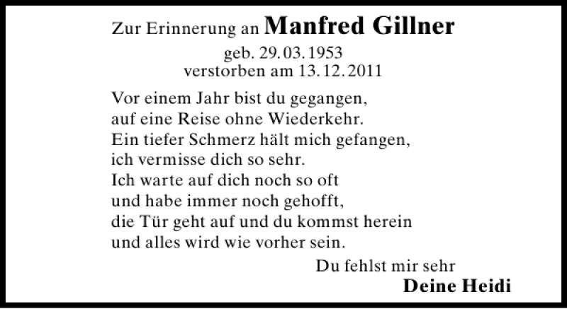  Traueranzeige für Manfred Gillner vom 13.12.2012 aus Schaumburger Nachrichten