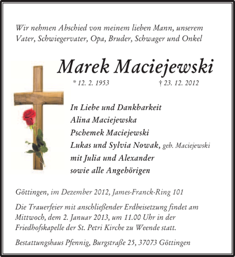  Traueranzeige für Marek Maciejewski vom 29.12.2012 aus Göttinger Tageblatt