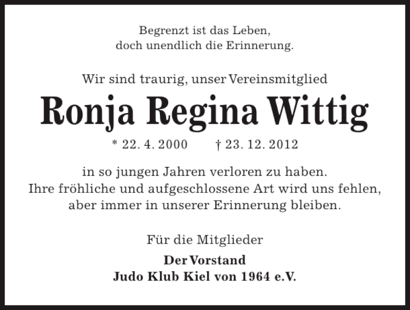 Traueranzeige für Ronja Regina Wittig vom 29.12.2012 aus Kieler Nachrichten / Segeberger Zeitung