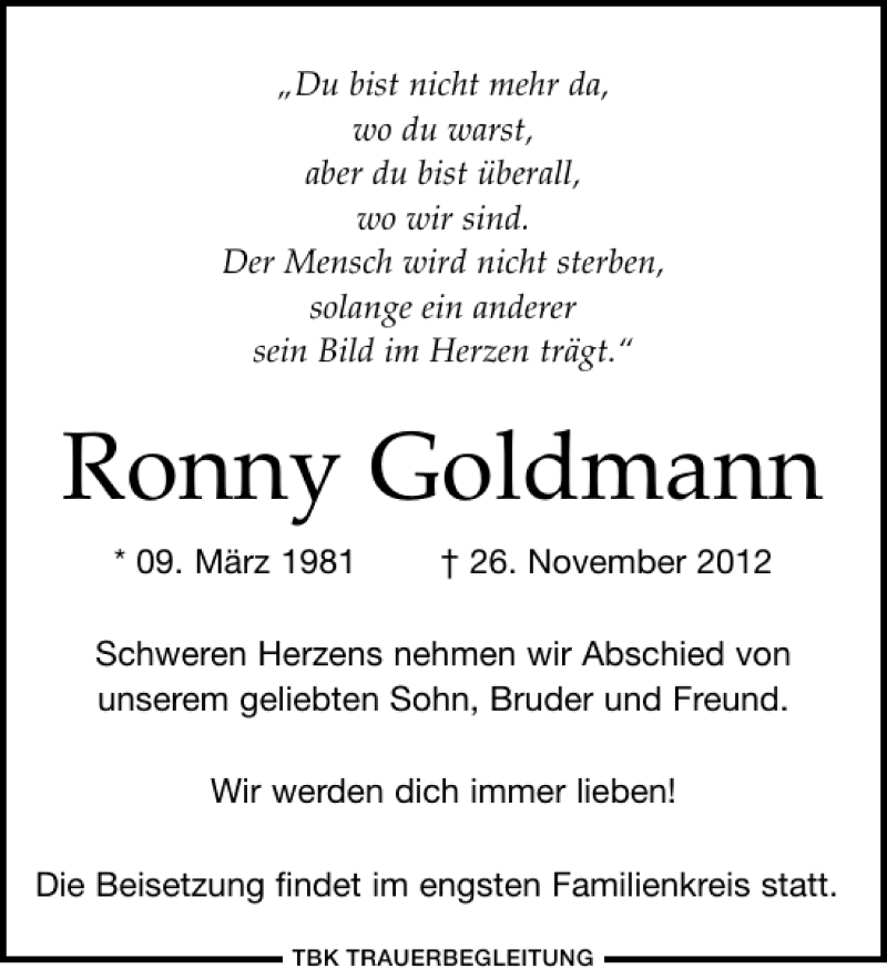  Traueranzeige für Ronny Goldmann vom 08.12.2012 aus Leipziger Volkszeitung