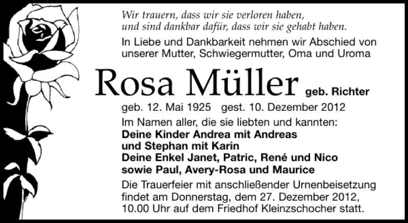  Traueranzeige für Rosa Müller vom 22.12.2012 aus Leipziger Volkszeitung
