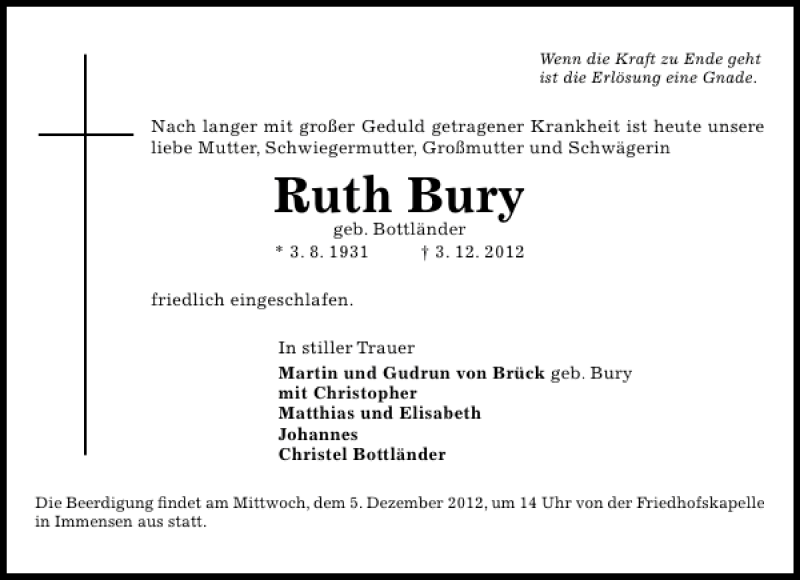  Traueranzeige für Ruth Bury vom 04.12.2012 aus HAZ/NP