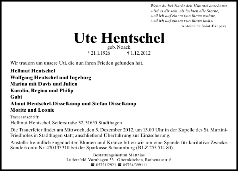  Traueranzeige für Ute Hentschel vom 04.12.2012 aus Schaumburger Nachrichten