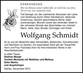 Traueranzeige von Wolfgang Schmidt von Leipziger Volkszeitung