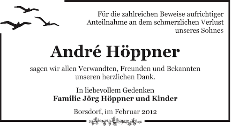  Traueranzeige für André Höppner vom 25.02.2012 aus Leipziger Volkszeitung
