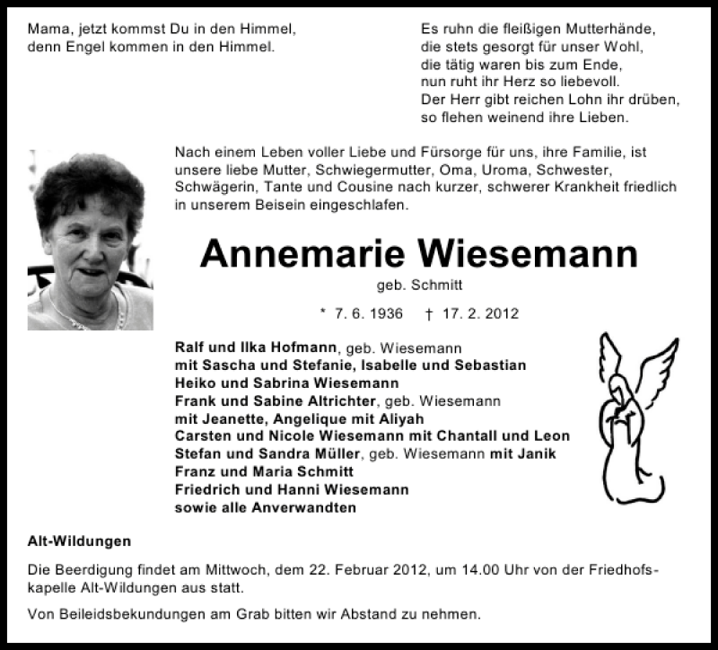  Traueranzeige für Annemarie Wiesemann vom 20.02.2012 aus WLZ-FZ