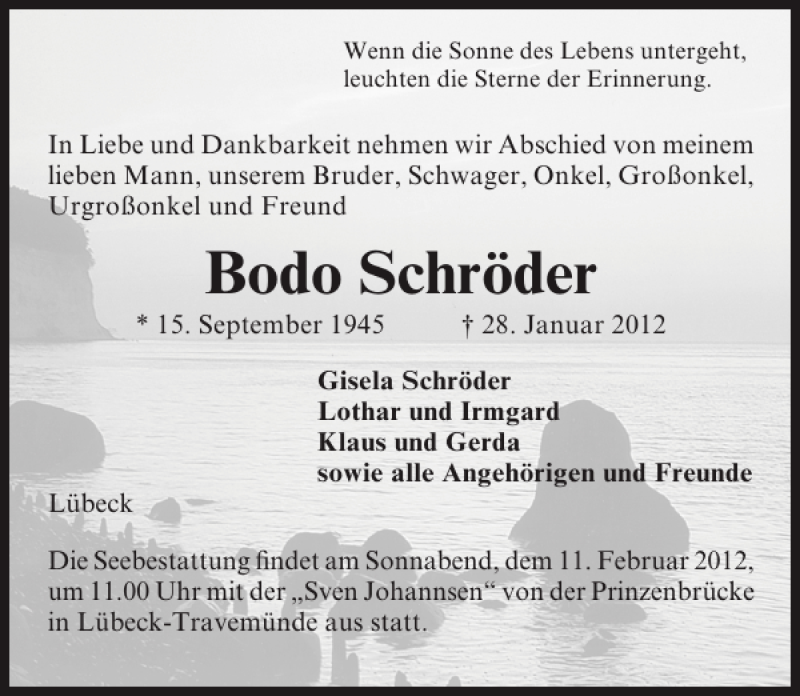  Traueranzeige für Bodo Schröder vom 05.02.2012 aus Lübecker Nachrichten