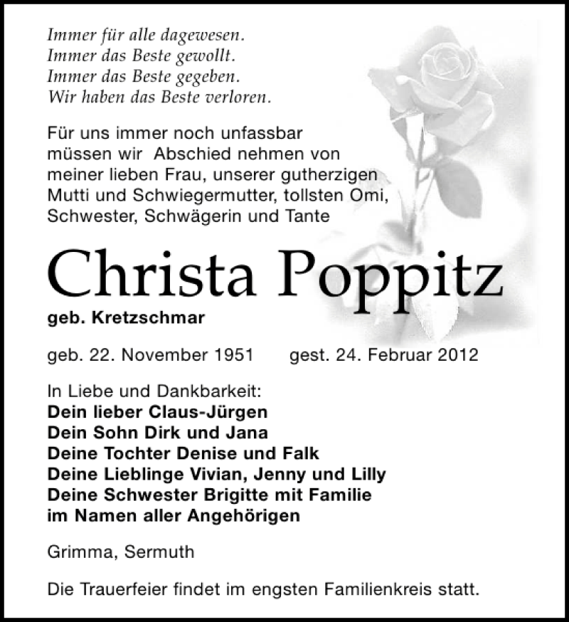  Traueranzeige für Christa Poppitz vom 29.02.2012 aus Leipziger Volkszeitung