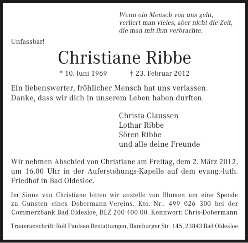  Traueranzeige für Christiane Ribbe vom 29.02.2012 aus Lübecker Nachrichten