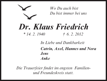 Traueranzeige von Dr. Klaus Friedrich von Lübecker Nachrichten