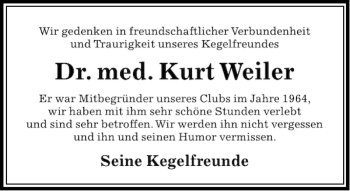 Traueranzeige von Dr. med. Kurt Weiler von Aller Zeitung / Wolfsburger Allgemeine