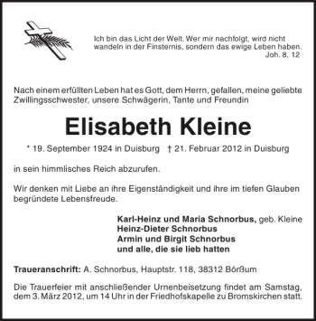 Traueranzeige von Elisabeth Kleine von WLZ-FZ