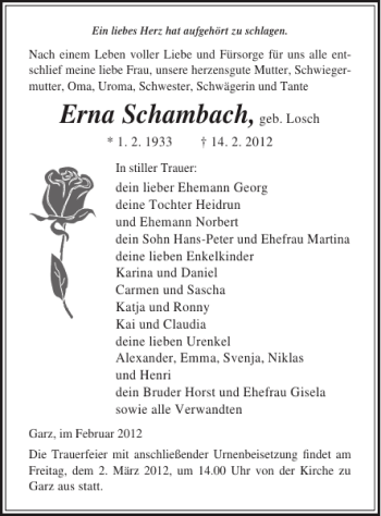 Traueranzeige von Erna Schambach von Ostsee-Zeitung