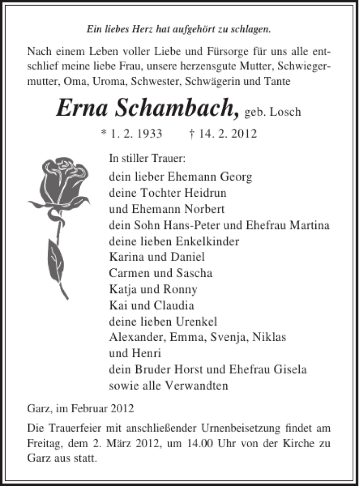  Traueranzeige für Erna Schambach vom 18.02.2012 aus Ostsee-Zeitung