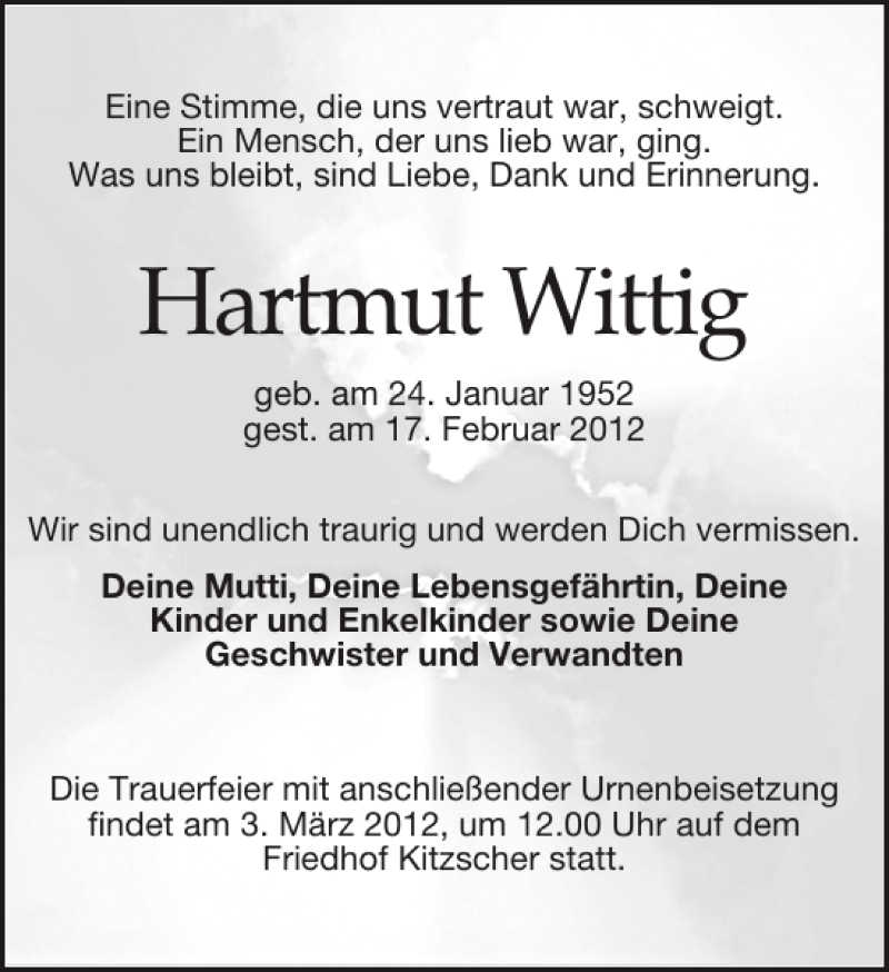  Traueranzeige für Hartmut Wittig vom 25.02.2012 aus Leipziger Volkszeitung