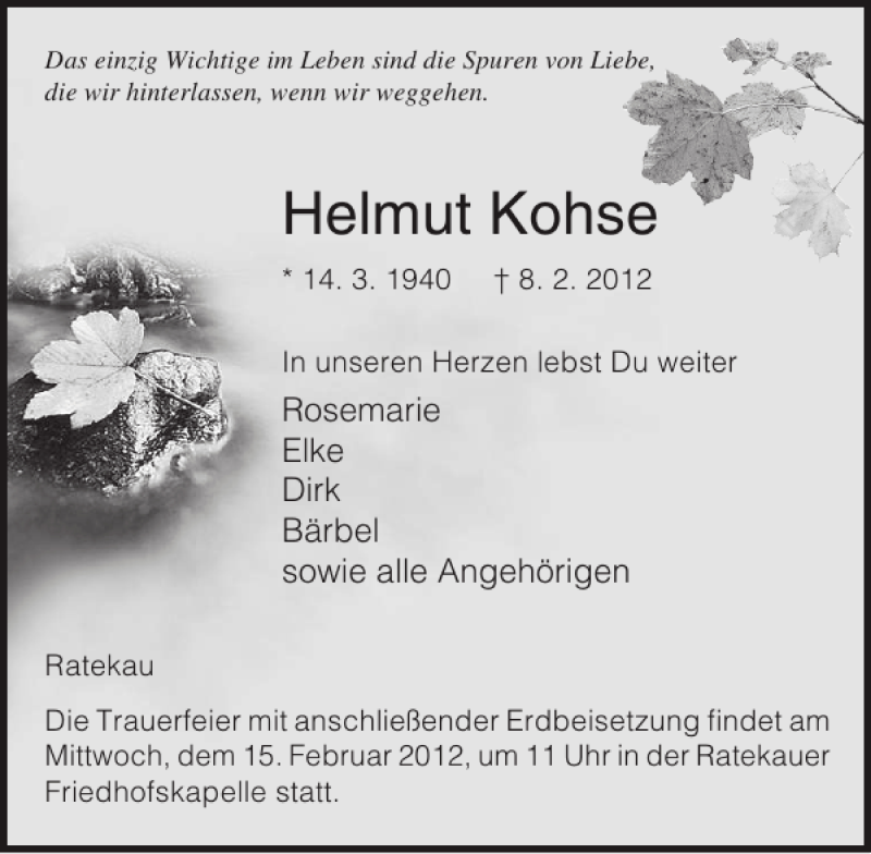  Traueranzeige für Helmut Kohse vom 12.02.2012 aus Lübecker Nachrichten