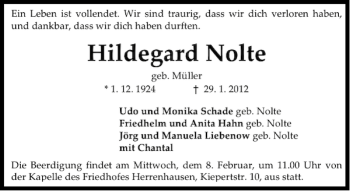 Traueranzeige von Hildegard Nolte von HAZ/NP