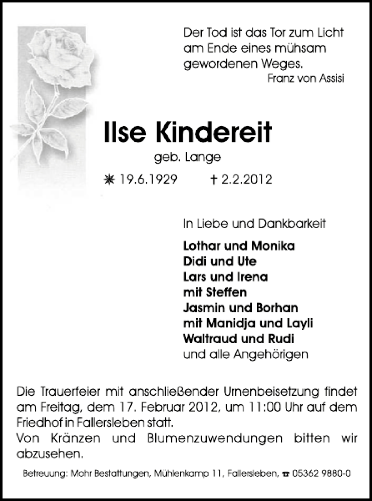  Traueranzeige für Ilse Kindereit vom 11.02.2012 aus Aller Zeitung / Wolfsburger Allgemeine