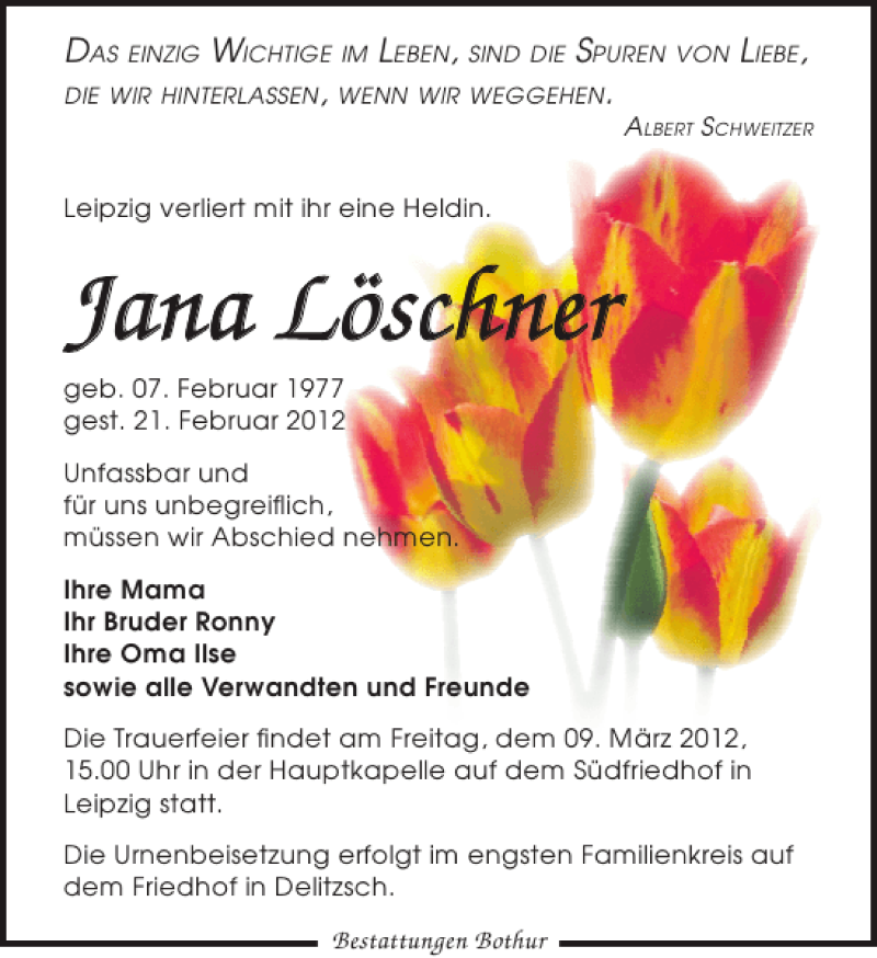  Traueranzeige für Jana Löschner vom 25.02.2012 aus Leipziger Volkszeitung