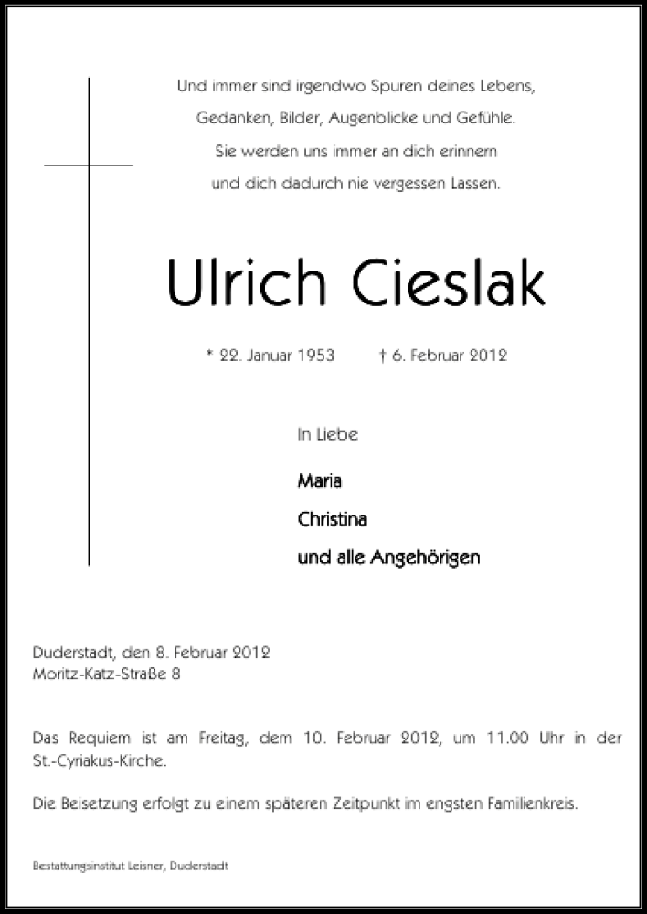  Traueranzeige für Ulrich Cieslak vom 08.02.2012 aus Göttinger Tageblatt