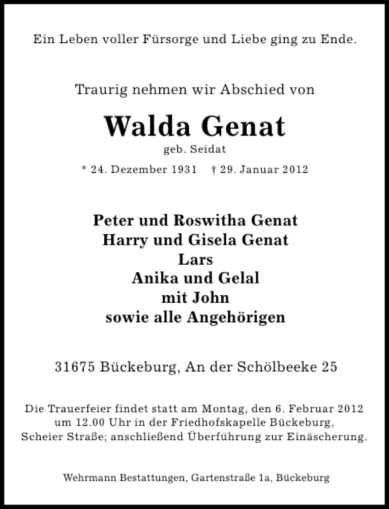  Traueranzeige für Walda Genat vom 01.02.2012 aus Schaumburger Nachrichten