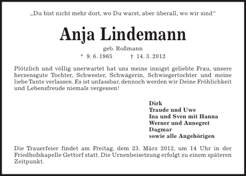  Traueranzeige für Anja Lindemann vom 20.03.2012 aus Kieler Nachrichten / Segeberger Zeitung