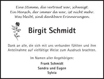 Traueranzeige von Birgit Schmidt von Ostsee-Zeitung