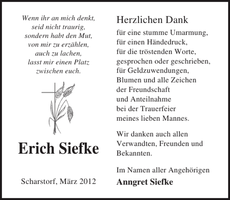  Traueranzeige für Erich Siefke vom 10.03.2012 aus Ostsee-Zeitung