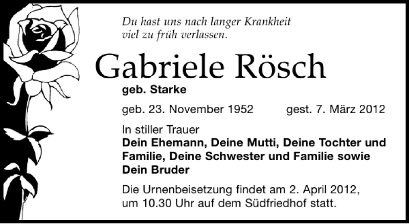  Traueranzeige für Gabriele Rösch vom 24.03.2012 aus Leipziger Volkszeitung