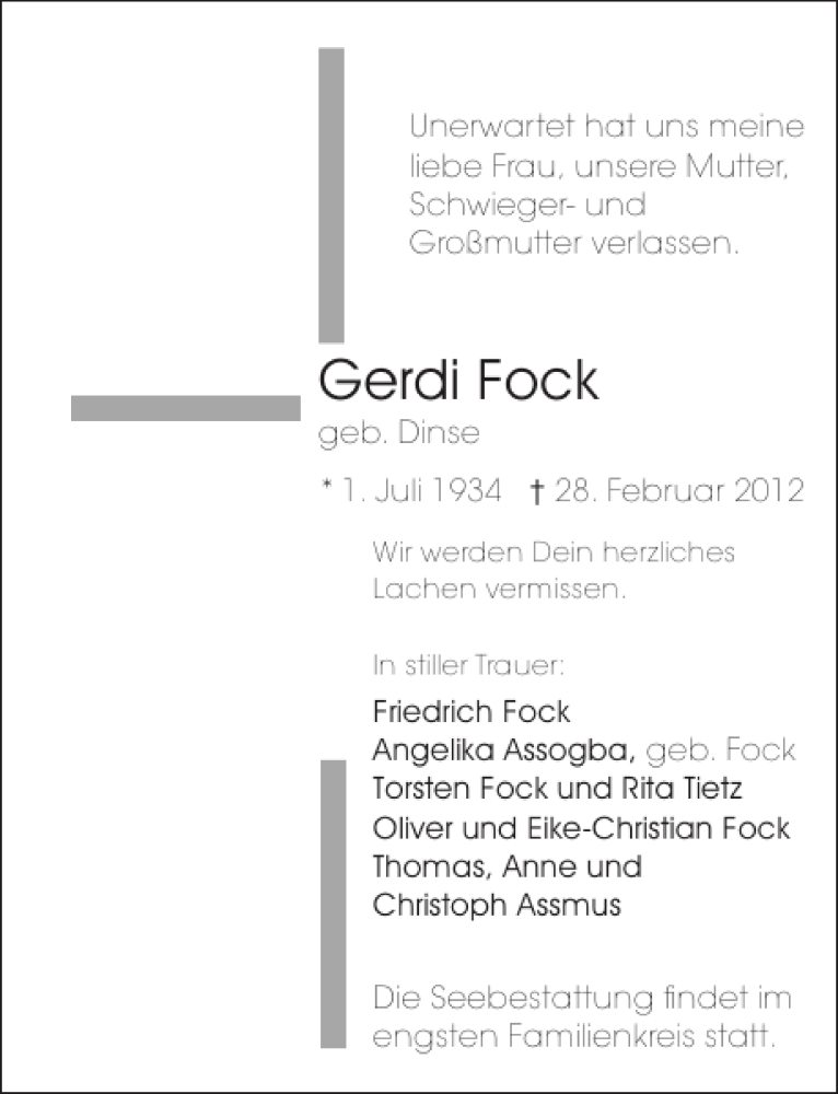  Traueranzeige für Gerdi Fock vom 04.03.2012 aus Lübecker Nachrichten