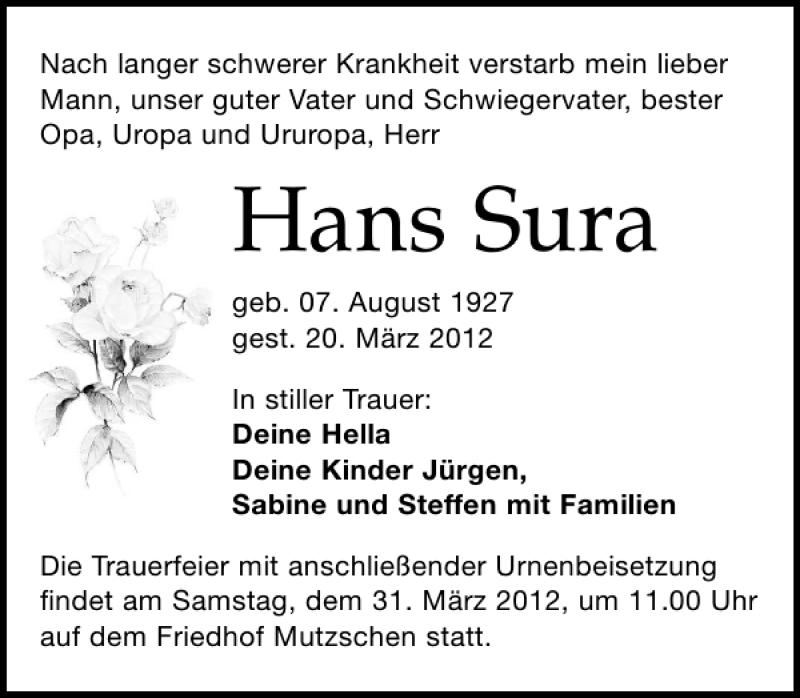  Traueranzeige für Hans Sura vom 24.03.2012 aus Leipziger Volkszeitung